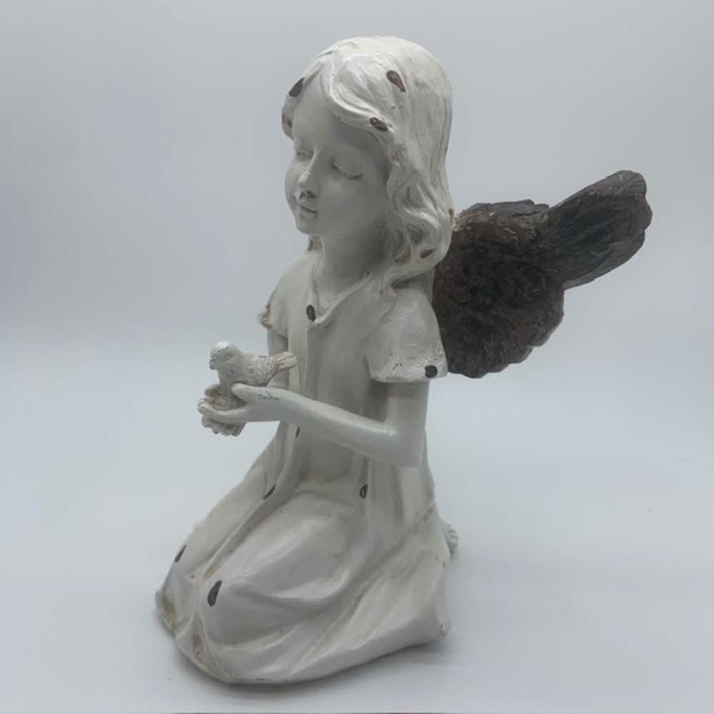 Rustic Kneeling Angel Figurine Bird Statue Farmhouse Shabby Chic Decor 7" Resin